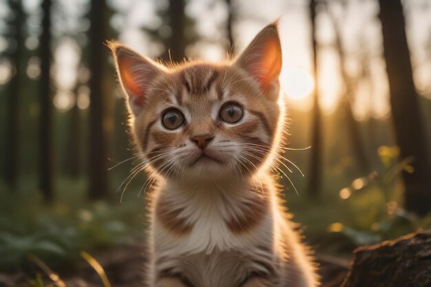 映画の気分 黄金の時間 夕暮れと愛らしい子猫の肖像画 AIによって生成された