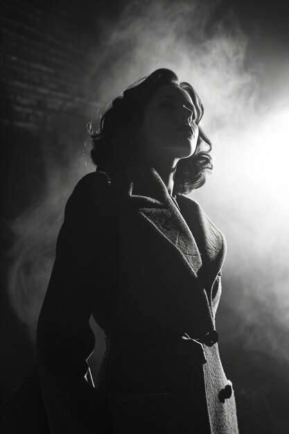 A cinematic noirstyle image of a female detective in a 1940s setting