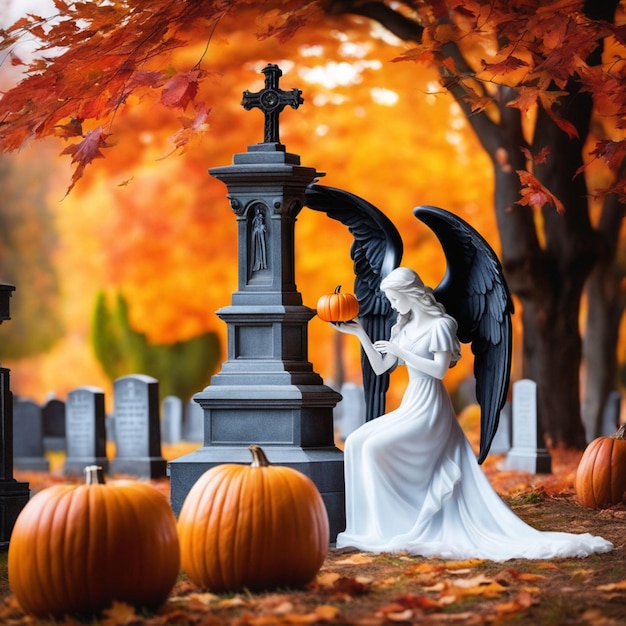 cinematic photo of an angel and Grim Reaper embracing in an autumnal cemetery