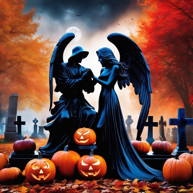 cinematic photo of an angel and Grim Reaper embracing in an autumnal cemetery