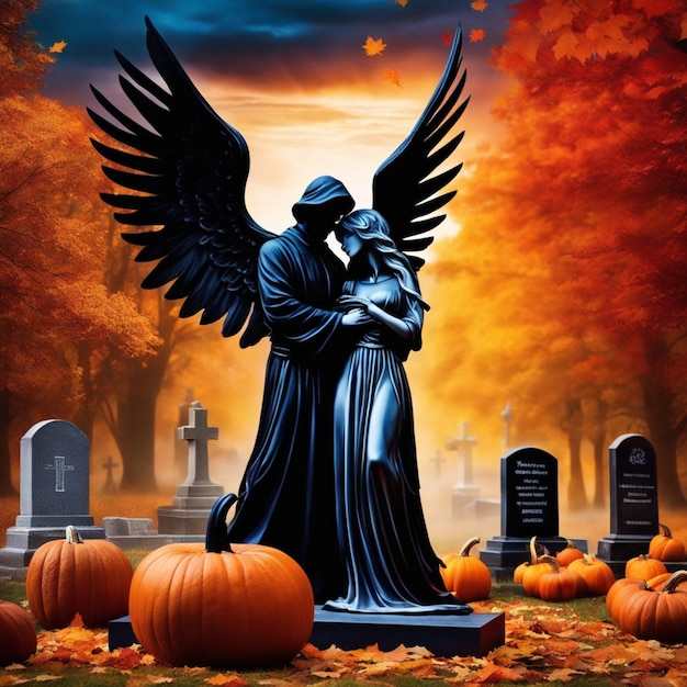cinematic photo of an angel and Grim Reaper embracing in an autumnal cemetery