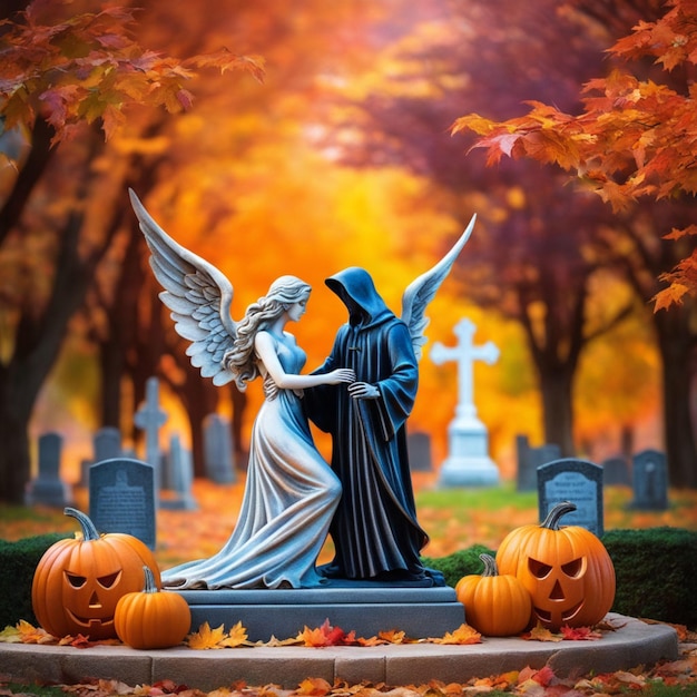 가을 묘지에서 포옹하는 천사와 저승사자의 영화 사진