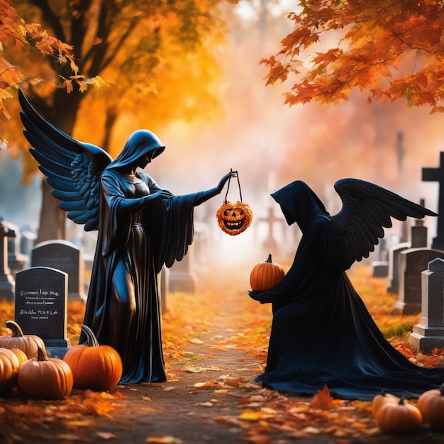 cinematic photo of an angel and Grim Reaper embracing in an autumnal cemetery