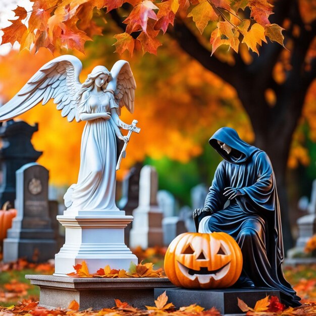 Cinematic photo of an angel and grim reaper embracing in an autumnal cemetery