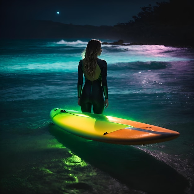 cinematic photo beach wetsuit neon material bioluminescent algae surfboard