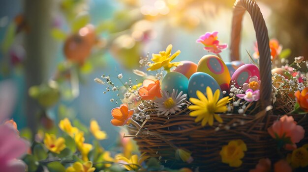 Photo cinematic photo of a bucket of easter eggs with flowers