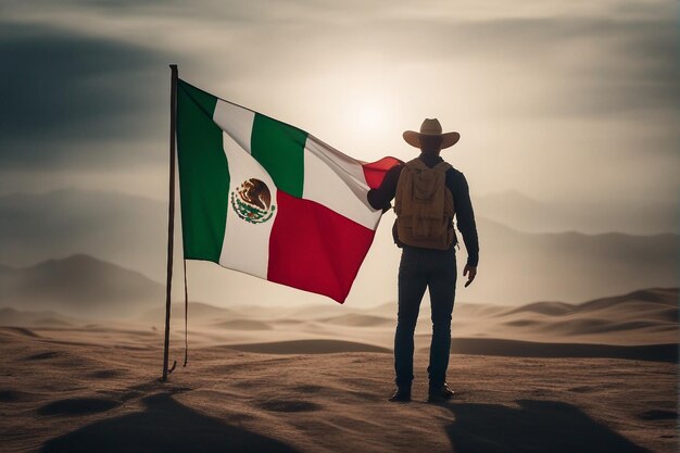 Cinematic photo of man holding mexican flag