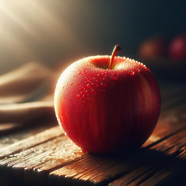 cinematic photo of red apple with water droplets on wooden table