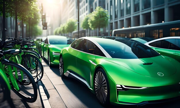 Cinematic photograph of A cityscape with electric cars bicycles and public transportation