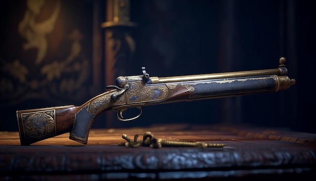 Cinematic photography of a antique shotgun back in time with Generative AI technology