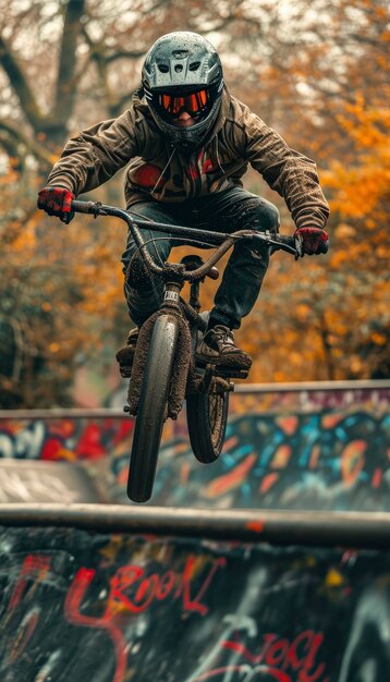Foto servizio fotografico cinematografico che cattura l'esilarante impresa aerea di un giovane motociclista in abbigliamento sportivo ispirato ai graffiti sullo sfondo di un vivace parco urbano