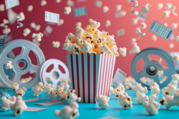 Cinematic popcorn explosion with film reels on turquoise and maroon backdrop