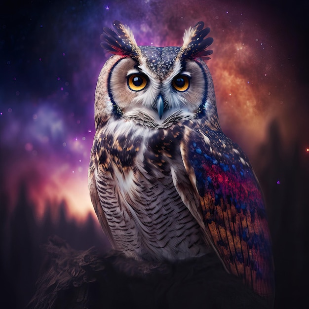 Cinematic portrait of a cosmic owl