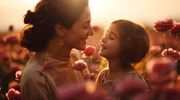 꽃 정원에서 딸과 함께 하는 무슬림 어머니의 영화적 초상화