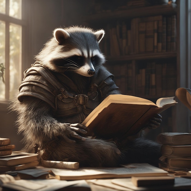 Foto cinematic raccoon de geleerde lezer