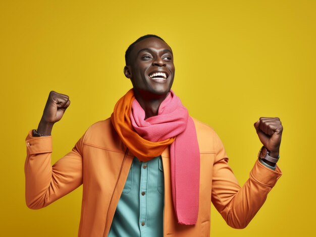 Cinematic scene african man hold fist up smiling colorful fashion clothes bright plain