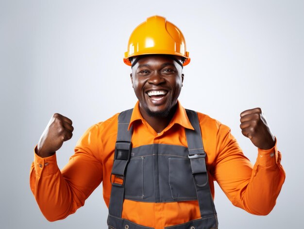 Cinematic scene african man hold fist up smiling engineer clothes bright plain