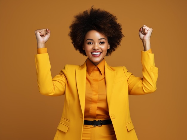 Cinematic scene african woman hold fist up smiling wearing fashion suit bright plain