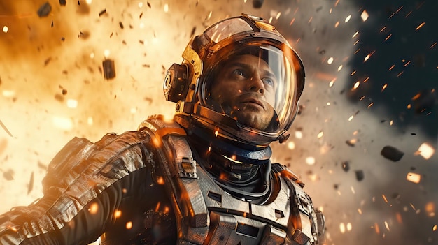 宇宙飛行士が爆発するシネマシーン フューチャリスティックなアクション映画コンセプト 宇宙を探索する