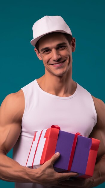 Photo cinematic scene european man holding big gift box smiling colorful fashion tanktop santa