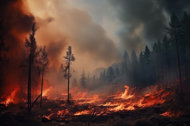 숲의 화재의 영화 장면은 우리의 환경을 위협합니다.