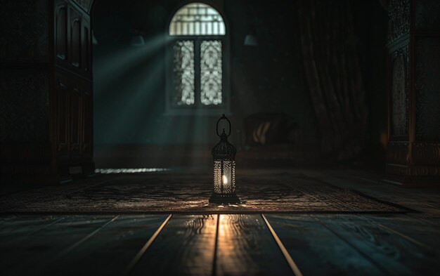 A cinematic scene a lit Ramadan lantern in the middle with dim lighting