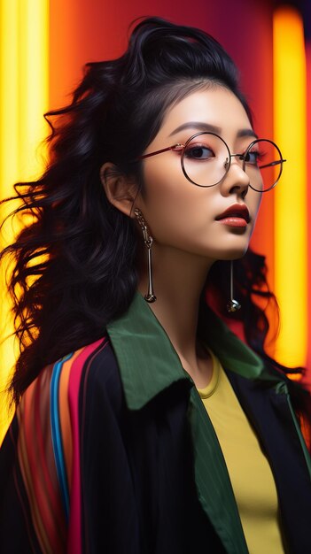 Photo cinematic scene portrait side view close up shot asian woman wearing glasses vibrant fashion