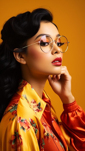 cinematic scene Portrait side view close up shot Asian woman wearing glasses vibrant Fashion