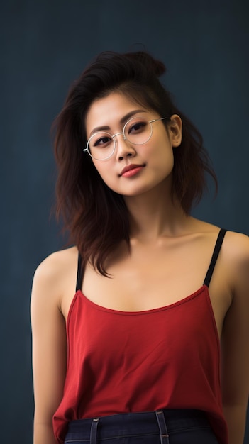 cinematic scene Portrait side view close up shot Japanese woman wearing glasses vibrant