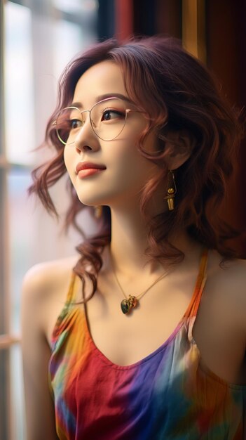 Photo cinematic scene portrait side view close up shot japanese woman wearing glasses vibrant