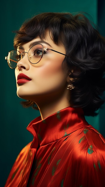 Photo cinematic scene portrait side view close up shot mongolia woman wearing glasses fashion