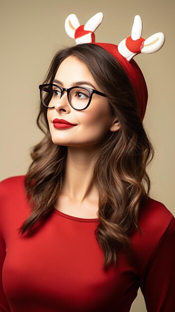 Фото Кинематографическая сцена портрет сбоку европейская женщина в очках мода санта-клаус