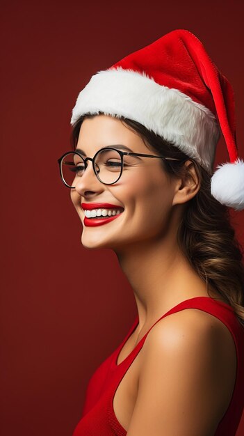 Foto scena cinematografica ritratto vista laterale donna europea che indossa occhiali moda babbo natale