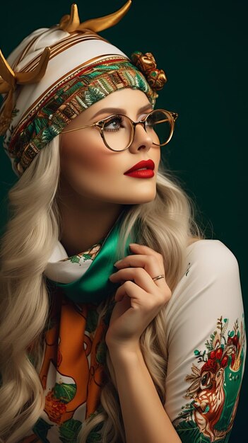 Photo cinematic scene portrait side view russian woman wearing glasses fashion santa clause clothes