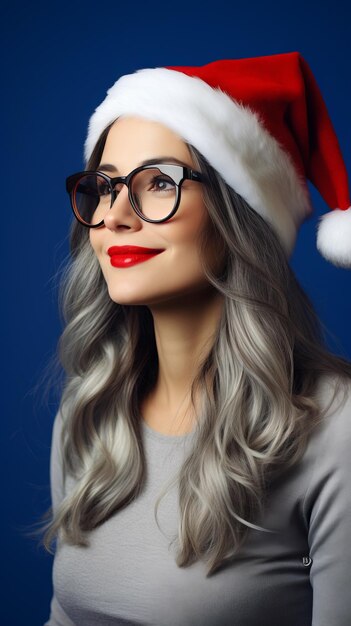 Photo cinematic scene portrait side view russian woman wearing glasses fashion santa clause clothes