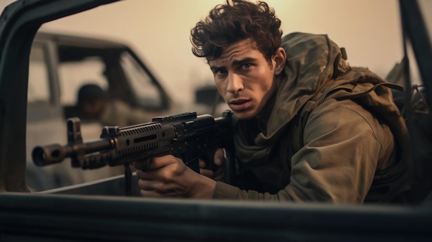 A cinematic scene soldier with submachine gun in a pickup truck