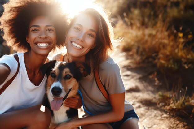 Photo cinematic scene young girl with dog on top mountains raises and enjoying incredible nature concept freedom victory and success inspiration time