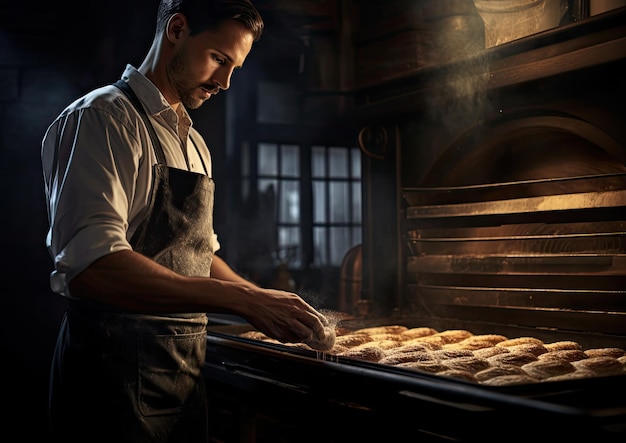 A cinematic shot of a baker pulling a tray of perfectly risen bread out of a steamfilled oven with