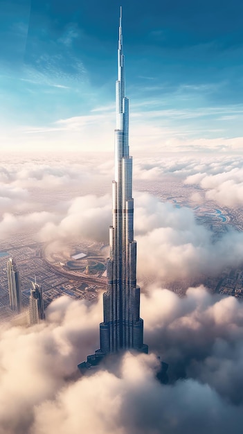 Cinematic shot of Burj Khalifa with clouds fog touch The highest big tower building in Dubai