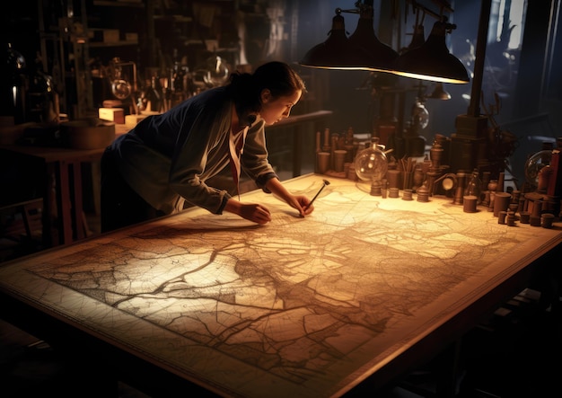 A cinematic shot of a cartographer meticulously tracing the contours of a map on a large drafting ta