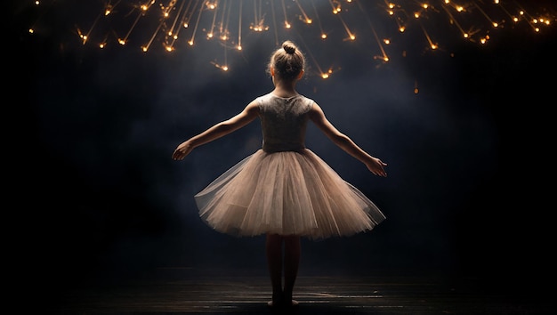 Cinematic shot of cute little girl dreaming of becoming a ballerina Child girl in a tutu dancing on the stage Generative AI