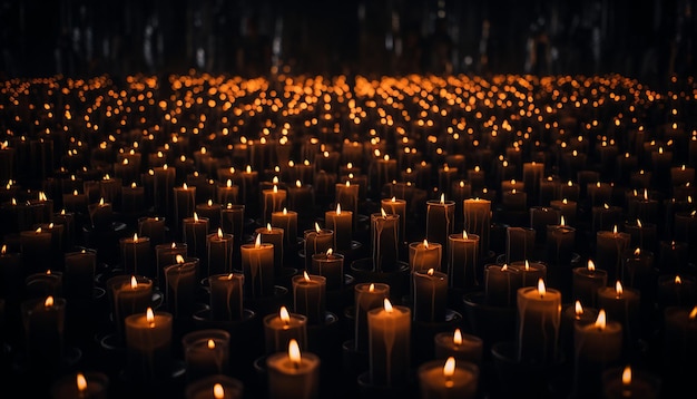 cinematic shot extreme closeup endless field of candles dark black background