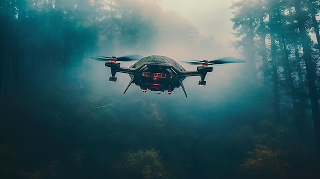 cinematic shot of futuristic drone flying