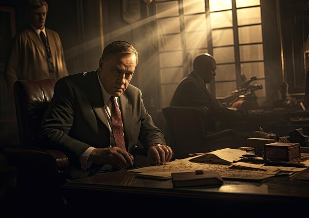 Photo a cinematic shot of the governor working in their office with soft lighting casting a warm glow on