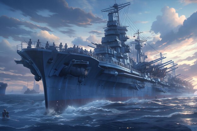 Photo cinematic shot of a massive battleship