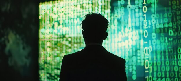 Photo cinematic shot of the silhouette of a man from behind watching a large screen with green numbers