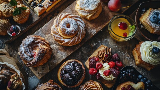 Cinematic shot of sweet pastry assortment top view daylight Generative AI