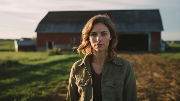 cinematic shot of a woman at a farm