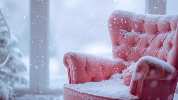 A Cinematic Shot Zooms Out to Reveal a Pinky Pastel Chair Amidst a Snowy Ambiance Creating a White a