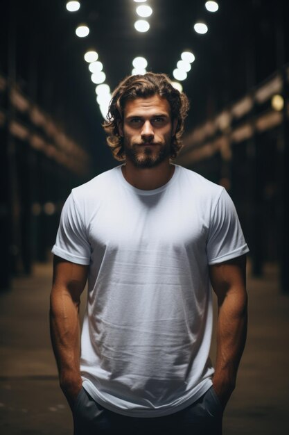 Foto cinematic spotlight mockup man in wit t-shirt in dark warehouse